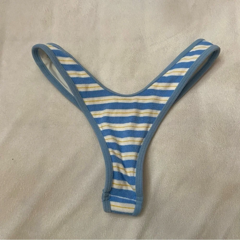 New! Frankie's Bikinis Blue Striped Full Moon Micro Bikini Bottom S 1486